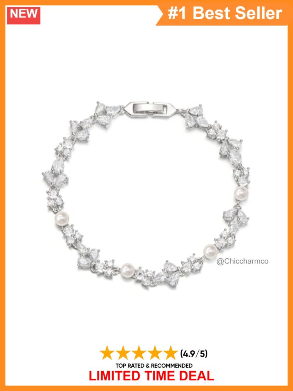 Cubic Zirconia Pearl Tennis Bracelet Silver Plated Bridal Prom